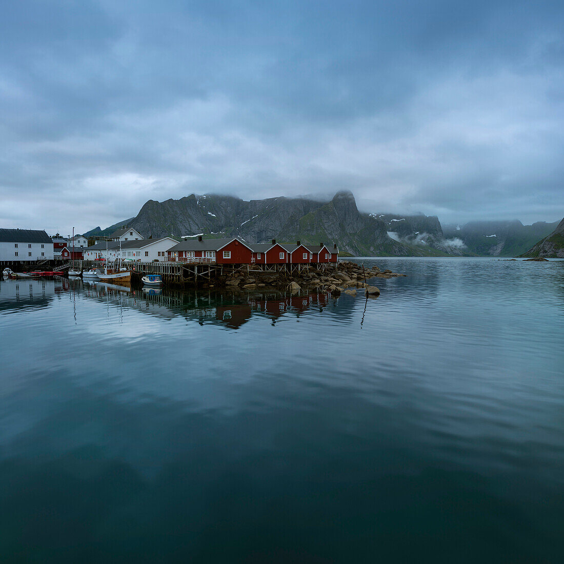 Traditional Rorbuer coastal cabins at HamnÃ¸y, Lofoten Islands, Norway