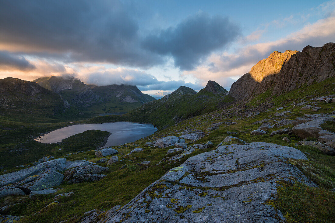 Last light illuminates peak 492 over FagerÃ¥dalen, MoskenesÃ¸y, Lofoten Islands, Norway