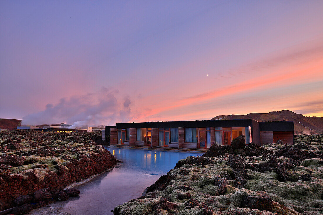 Silica Hotel near the Blue Lagoon, set amidst the silica waters and mossy lava fields. This famous hotel is often just referred to as the Blue Lagoon Hotel