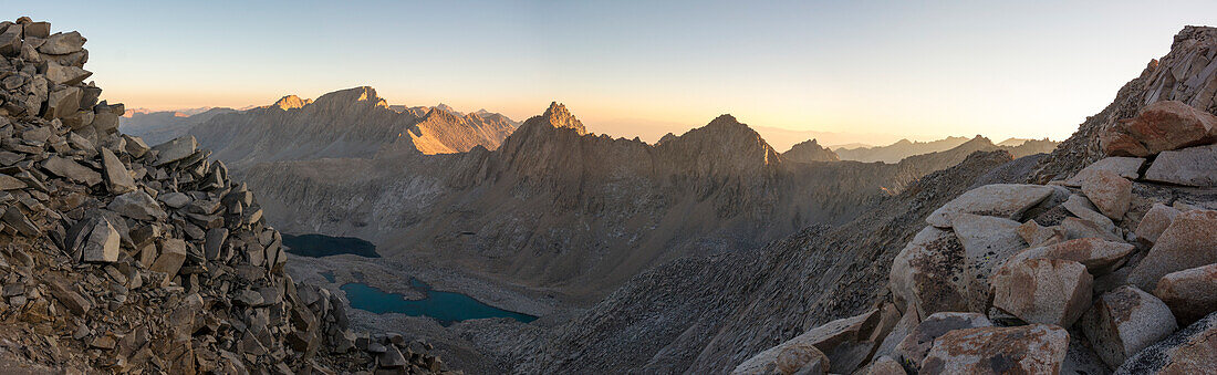 Panorama of the Evolution Traverse ridgeline including Mount Mendel and Mount Darwin, John Muir Wilderness, Kings Canyon National Park, Bishop, California.