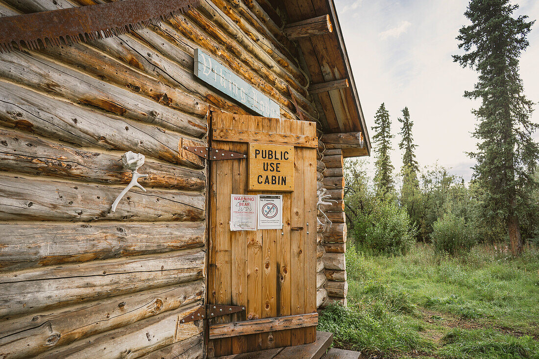 Viking Lodge, a public use cabin, located in the boreal forest of Wrangell-St. Elias National Park and Preserve Alaska