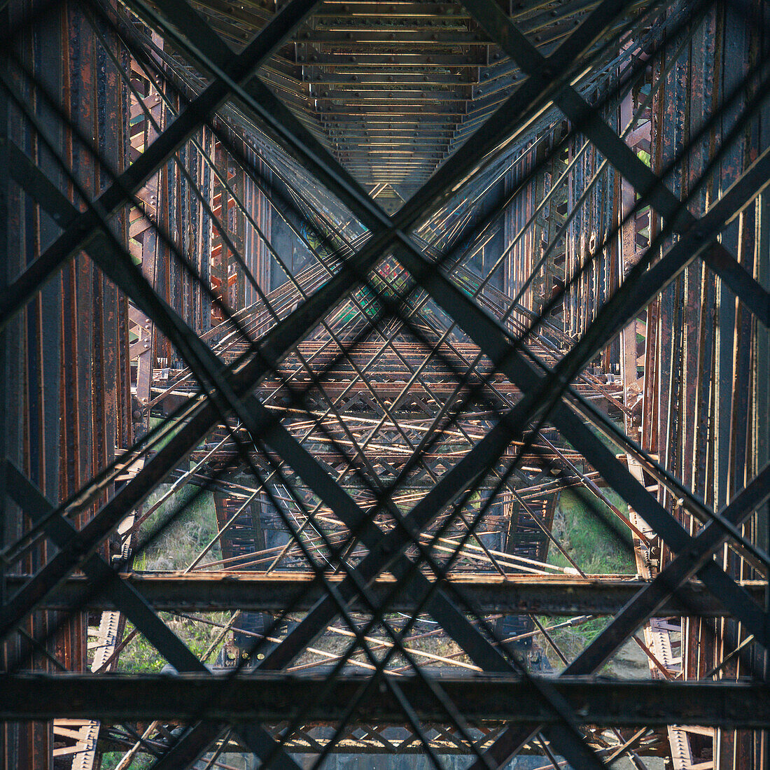 Abstract of the steel supports below the Goldstream Trestle in Goldstream Provincial Park, British Columbia, Canada.