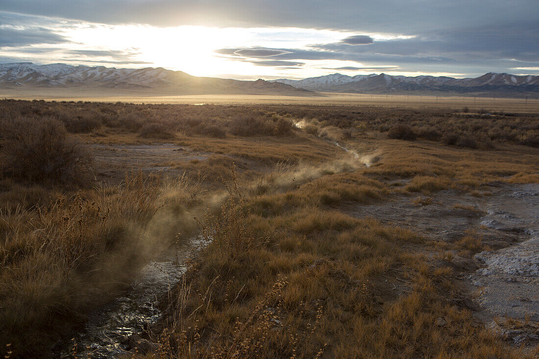 Hotspring steams the air in the nevada backcountry.