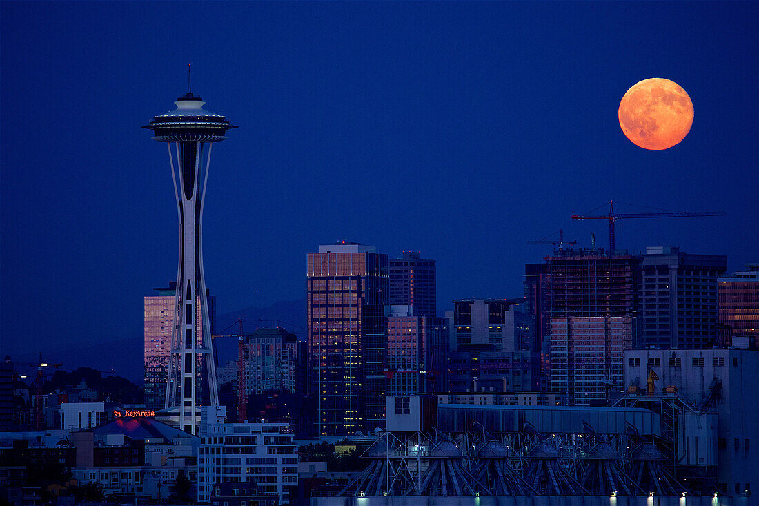 Seattle city at night with supermoon, Washington State, United States