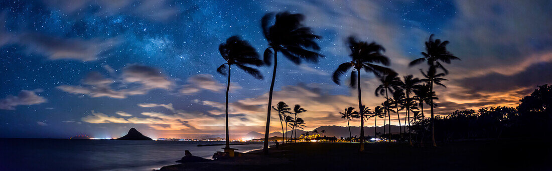 Panoramic view of Mokolii Stars at dusk, Oahu, Hawaii, USA