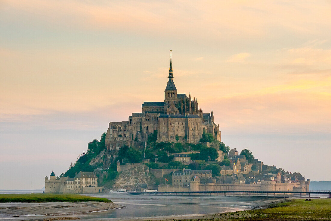 Mont-Saint-Michel Abbey at sunrise, UNESCO World Heritage Site, Normandy, France