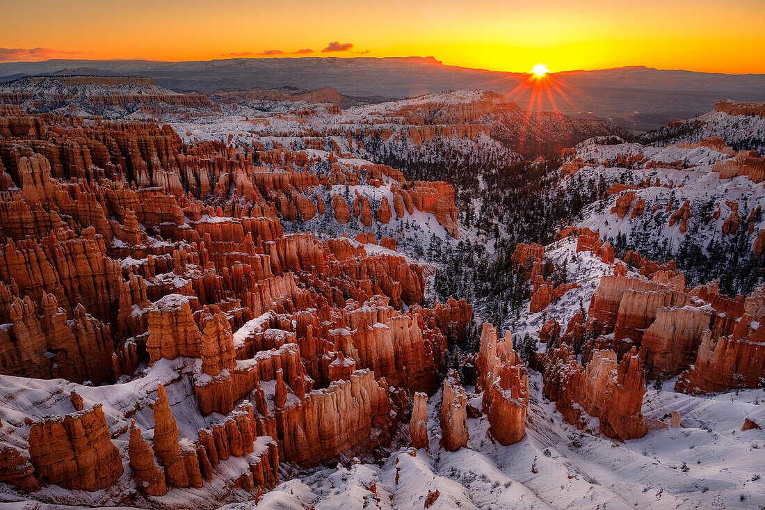 Majestic scenery of rock hoodoos in Bryce Canyon National Park in winter at sunrise, Utah, USA