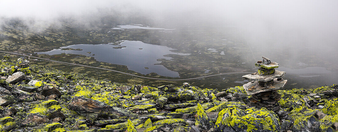 Cairn with lichen on top of mountain, Rondane National Park, Norway