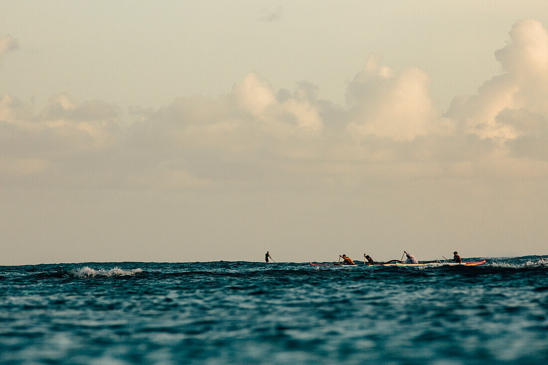 Männer paddeln im Meer, Kaimana Beach, Honolulu, Hawaii, USA