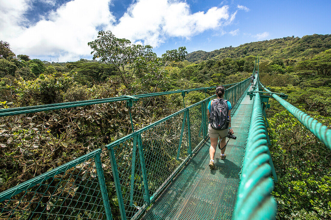 Ein Wanderer geht über eine Hängebrücke durch den Sky Walk im Regenwald von Monteverde in Costa Rica.