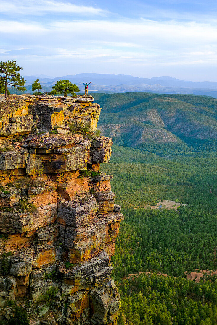 Hiker standing in victory pose with arms raised on edge of cliff, Mogollon Rim, Arizona, USA