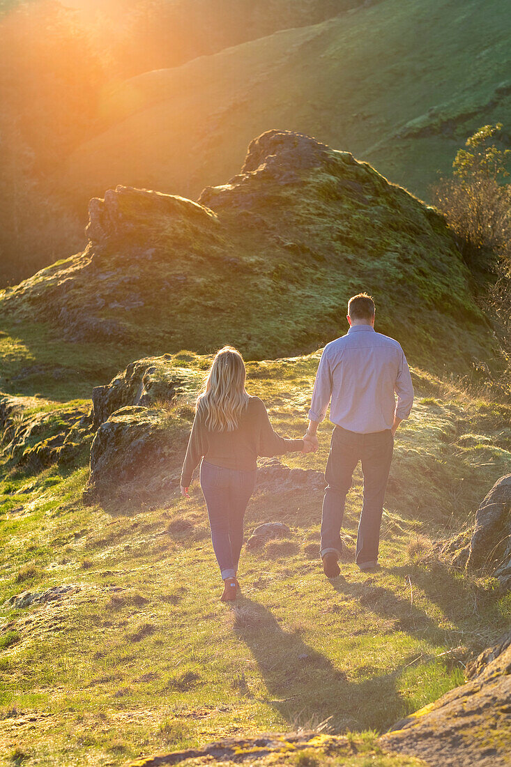Rear view shot of couple walking while holding hands in natural scenery at Horse Rock Ridge, Marcola, Oregon, USA