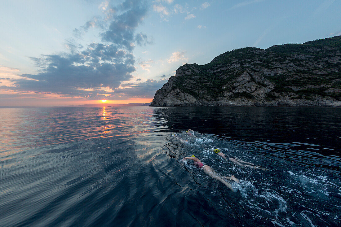 A Group Of Swimmers Swimming In The Mediterranean Sea At Sunset