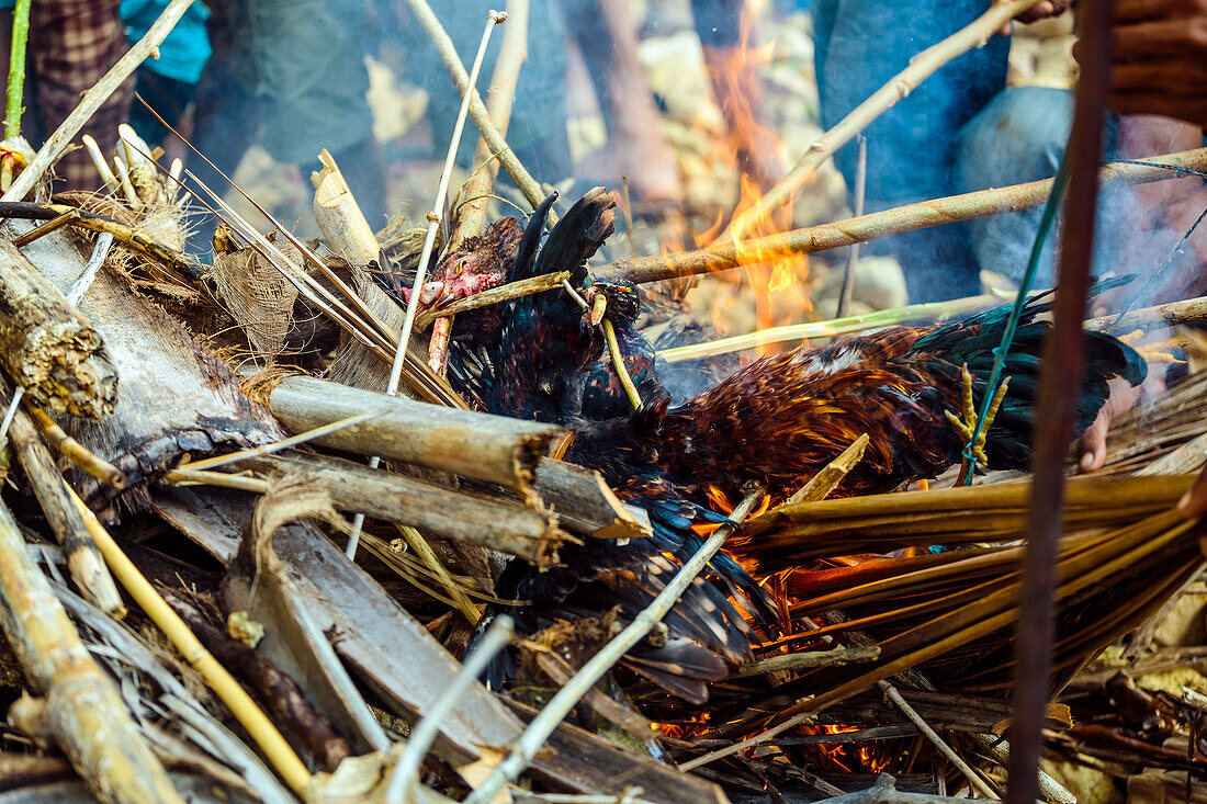 Sacrifice in fire at Pasola festival, Sumba Island, Indonesia