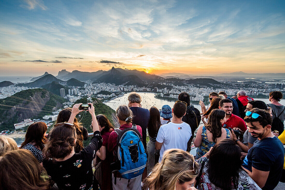 Crowd of tourists at Pao de Acucar mountain in Rio de Janeiro, Brazil