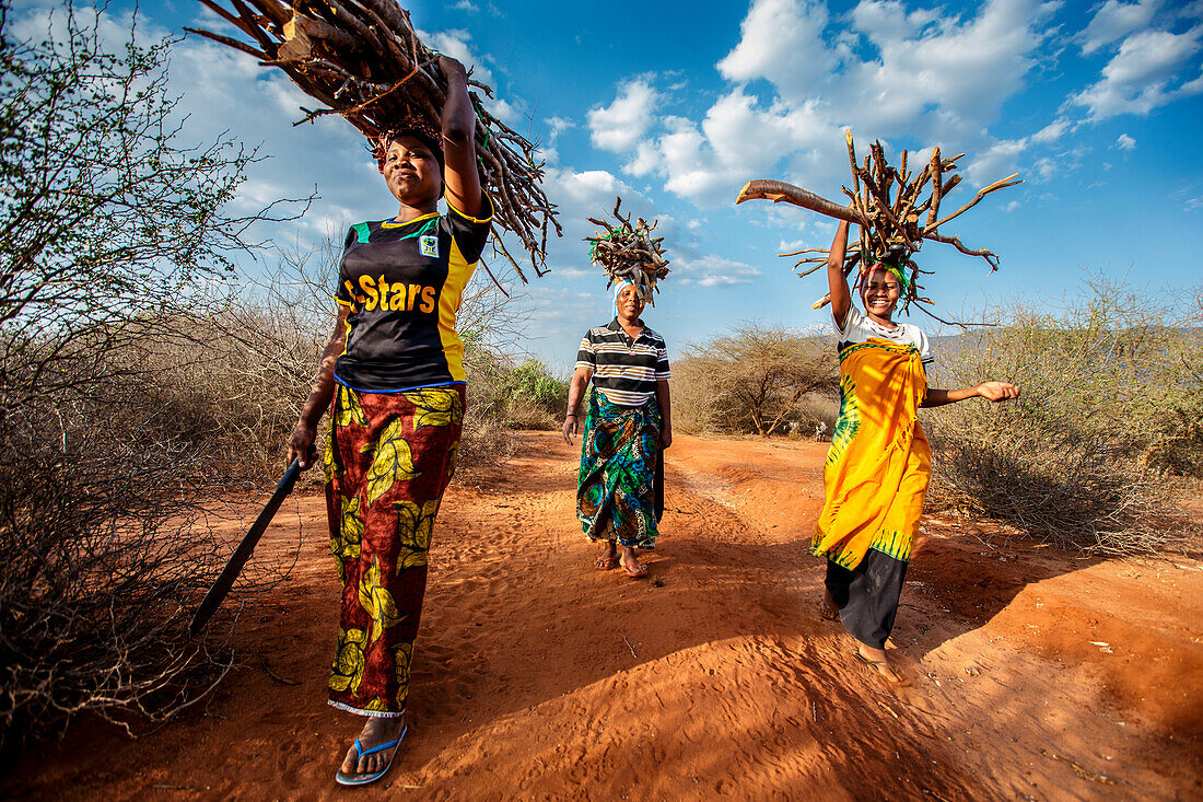 Zainabu Ramadhani, 19, (yellow and red patterned skirt) her mother Fatma Mziray, age 38, (blue head dress) and Fatmaâ€™s sister-in-law Zaitun Hamad, 18, (orange wrap and white top) walk home after gathering firewood near Fatmaâ€™s home in Mforo. Mforo is 