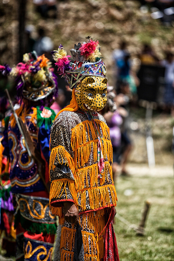 Ein Maya-Jaguar-Tänzer führt bei einer kulturellen Zeremonie im Blue Creek Village, Toledo, Belize