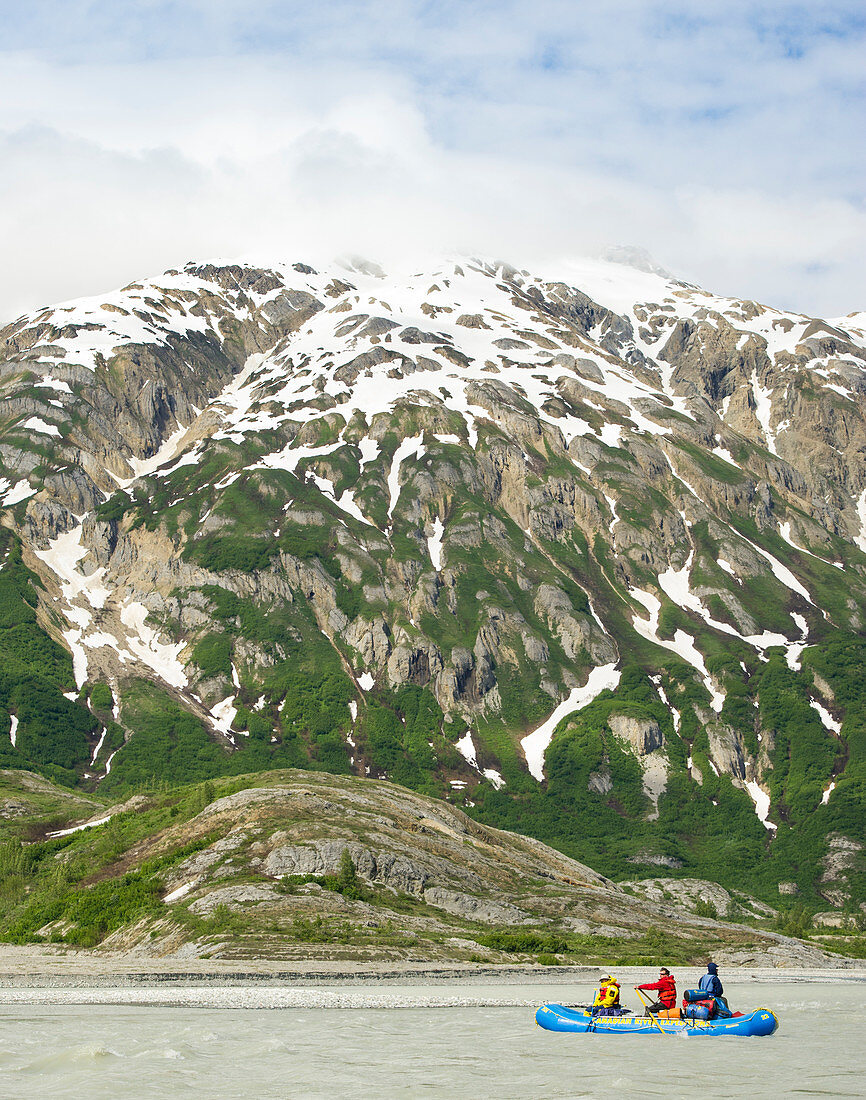 Gruppe der Dachsparren, die auf dem Alsek-Fluss in Kanada raften