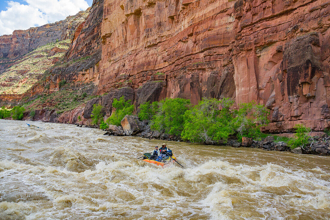 Ein umgestürztes Floß auf dem Yampa und grüne Flüsse durch Dinosaur National Monument