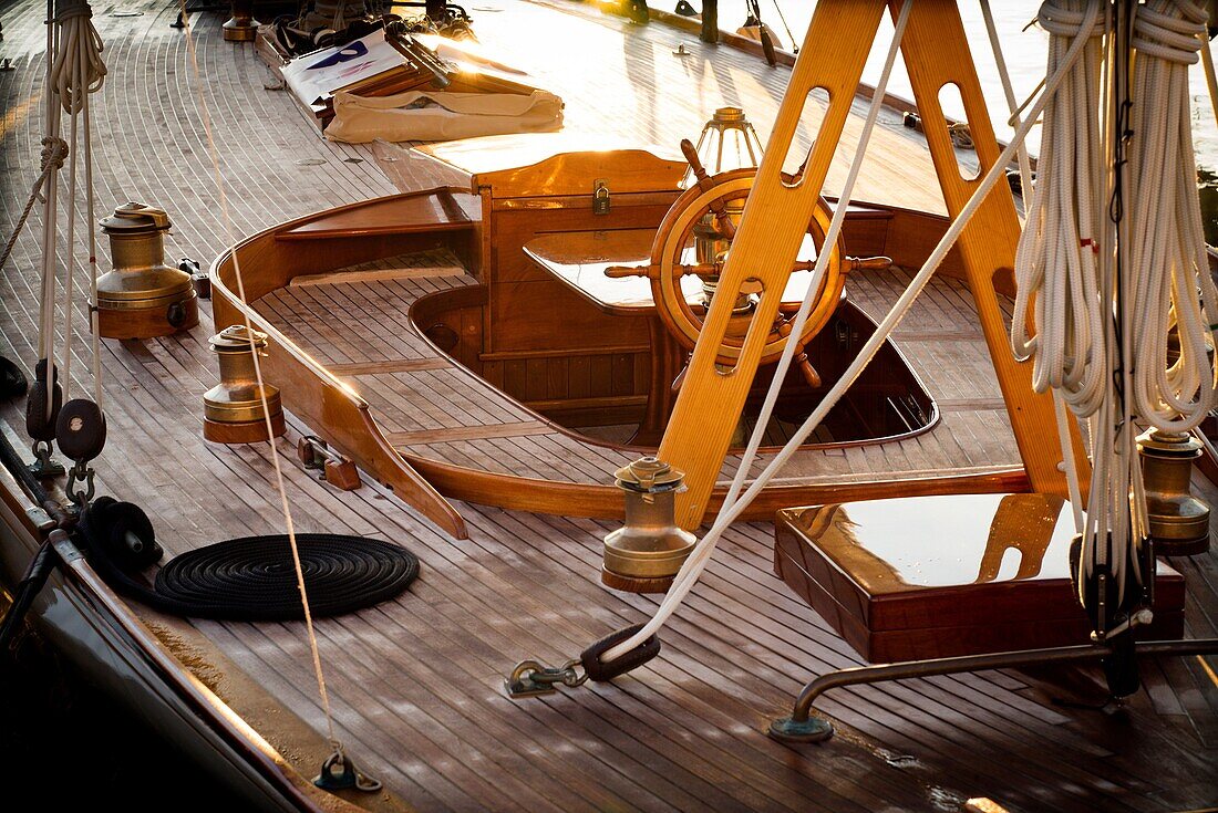 Deck of a vintage sailboat in the morning. Port of Mahó, Minorca, Balearic Islands, Spain