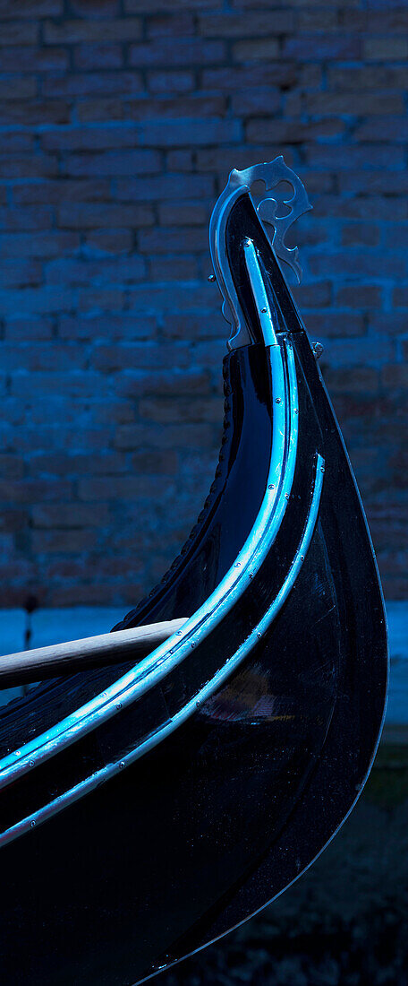 Venice, Venice Province, Veneto Region, Italy. Prow of a gondola. Venice is a UNESCO World Heritage Site.