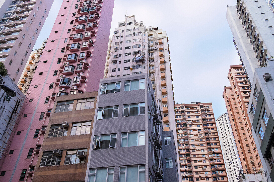 Looking up at apartment buildings, Happy Valley, Hong Kong.
