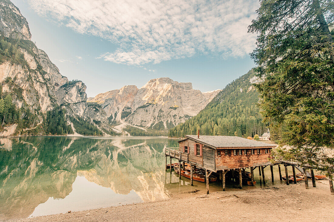 boathouse at Lago di Braies, dolomites, south tyrol, trentino, italy, europe