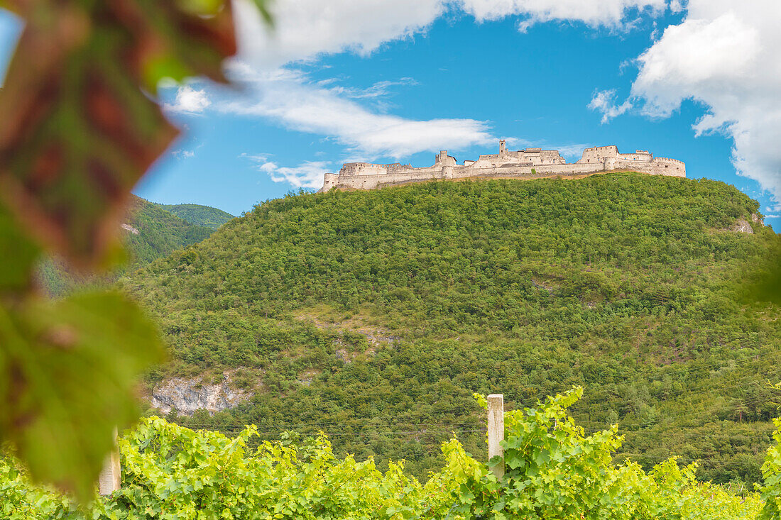 View of Castle Beseno, the largest feudal fortress all over the Trentino District, Italy