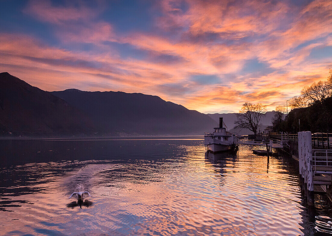 Sonnenuntergang am Comer See in Tremezzina Bucht, im Hintergrund der alte Dampfer Bisbino Lombardei, Italien, Europa