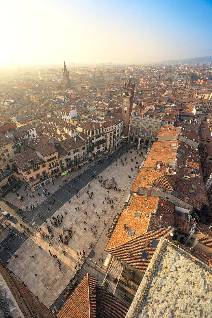 Verona, Veneto, Italy, The view of Piazza delle Erbe seen from the Tower of Lamberti