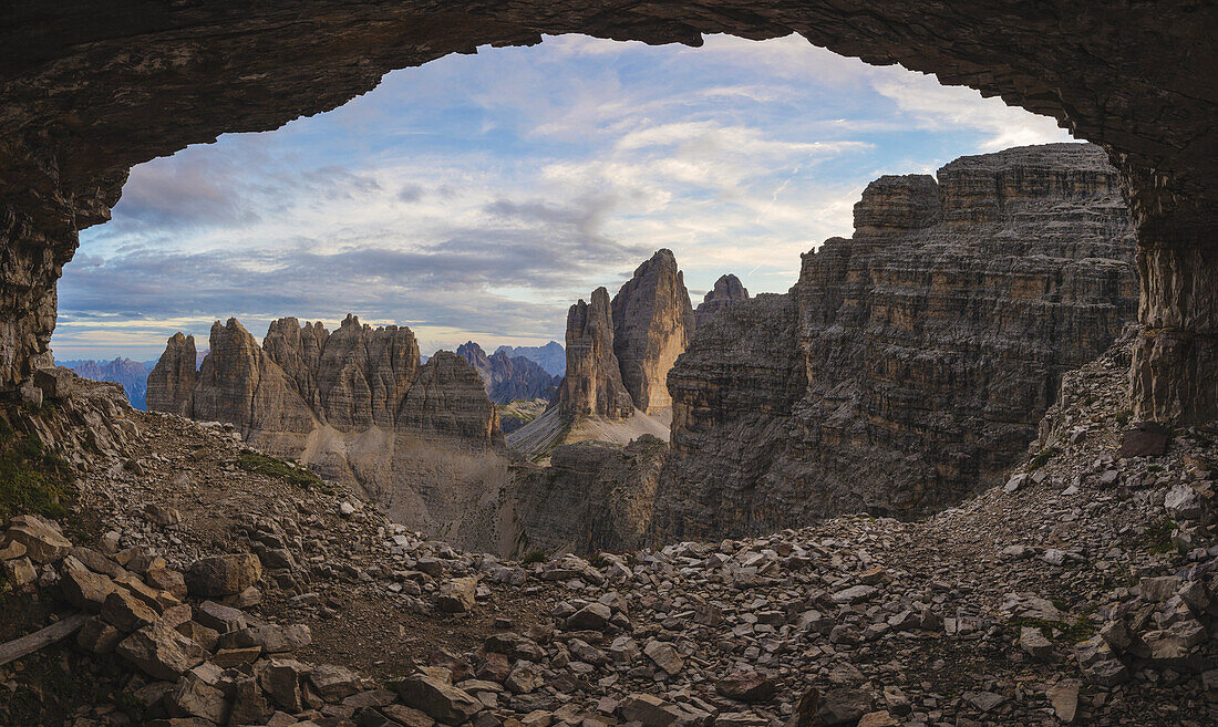 Sesto/Sexten, Dolomites, South Tyrol, province of Bolzano, Italy, View from a recovery of the First World War on Tre Cime/Drei Zinner and Croda Passaporto