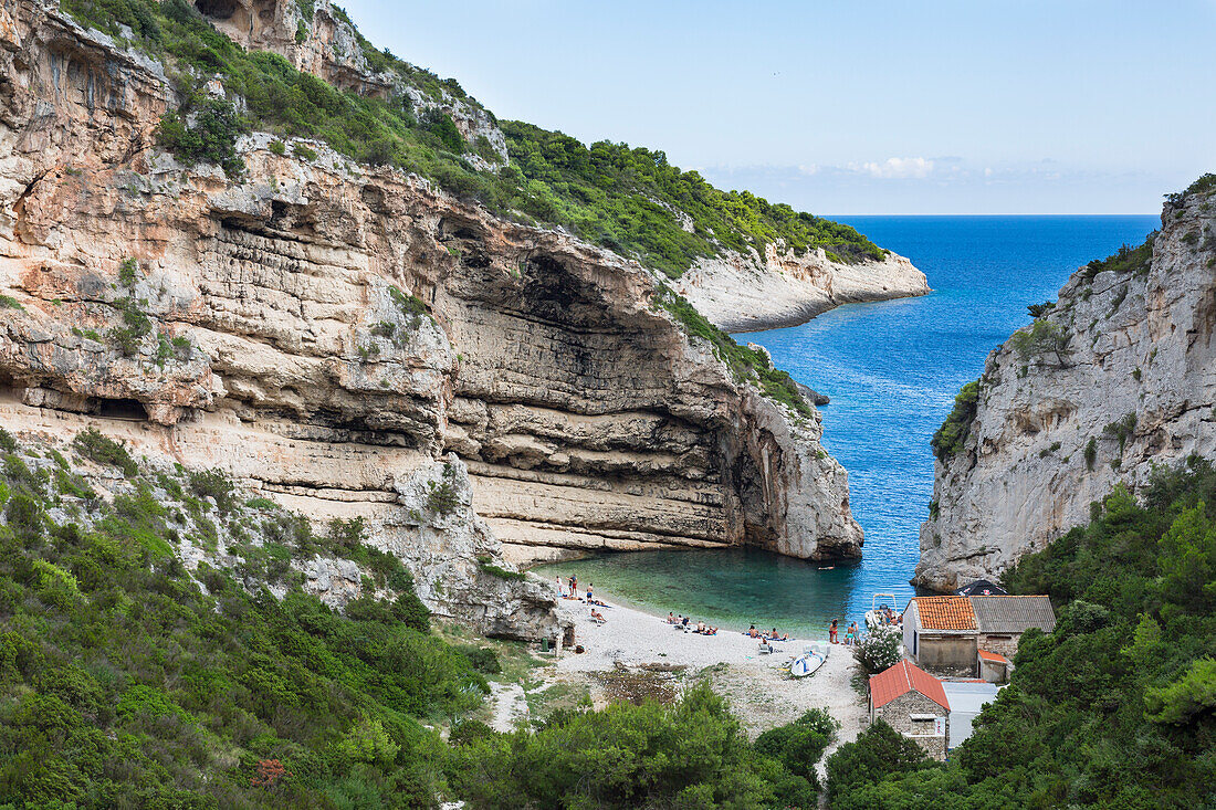 Top view of Stiniva Beach (Vis, Vis Island, Split-Dalmatia county, Dalmatia region, Croatia, Europe)