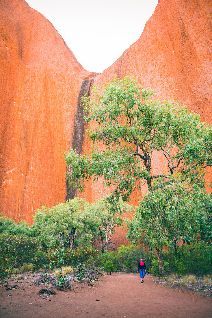 Uluru (Ayers-Felsen), Uluru-Kata Tjuta Nationalpark, Nordterritorium, Zentralaustralien, Australien, Frau, die auf den Mala-Weg in der Kantju-Schlucht geht