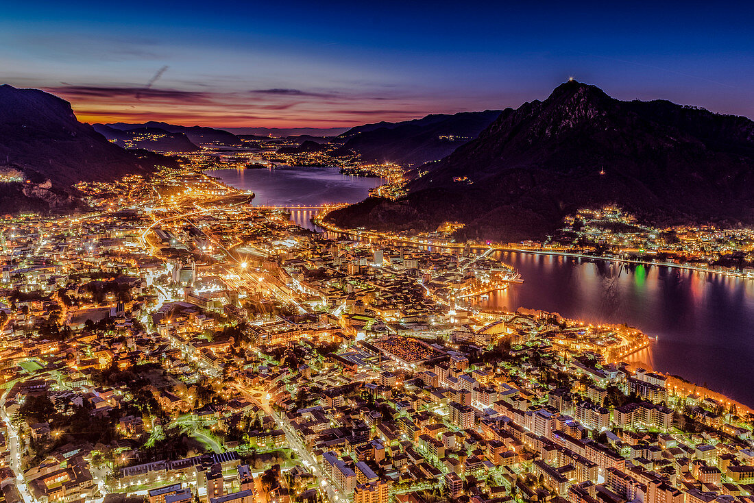 Dawn over Lecco city, Lecco, Lecco province, Lombardy, Italy, Europe