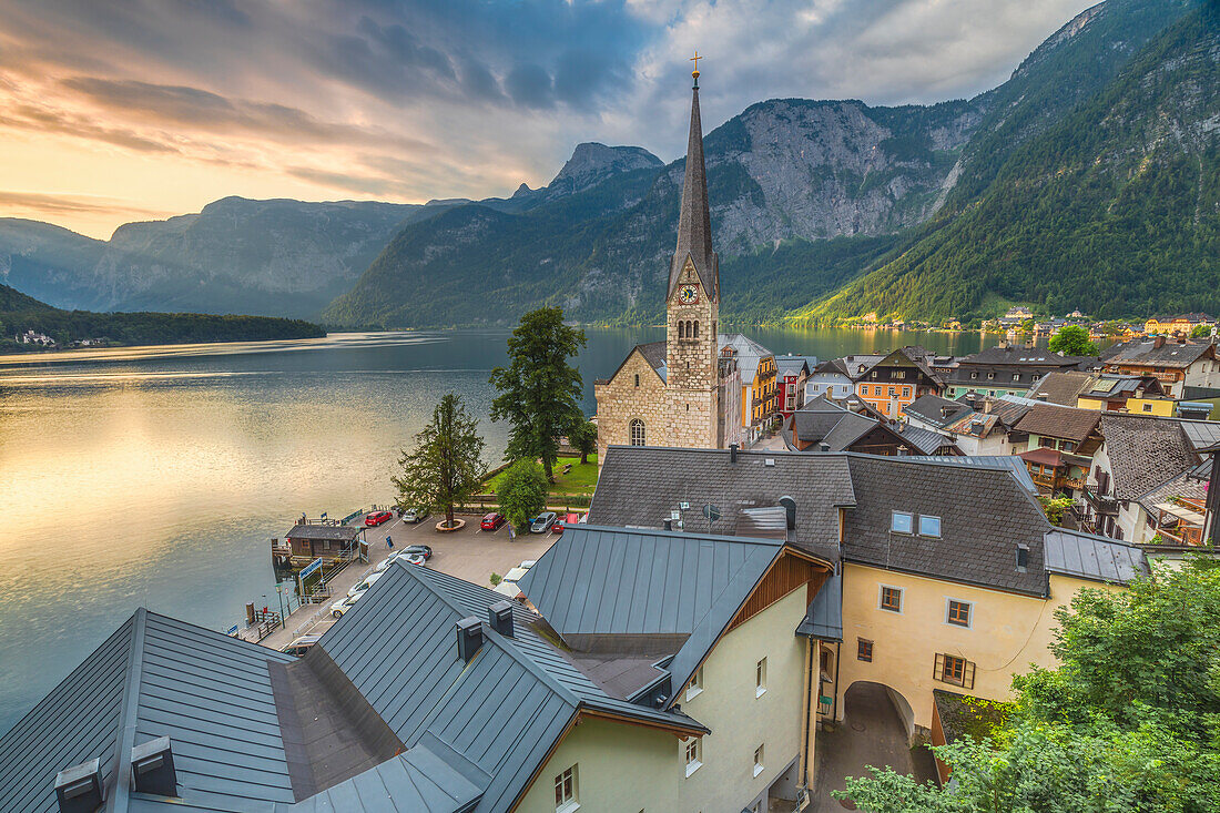 The austrian village of Hallstatt and the lake, Upper Austria, Salzkammergut region, Austria