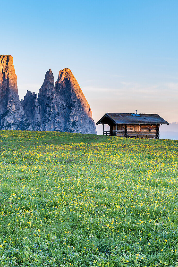 Seiser Alm, Dolomiten, Südtirol, Italien, Sonnenaufgang auf der Seiser Alm