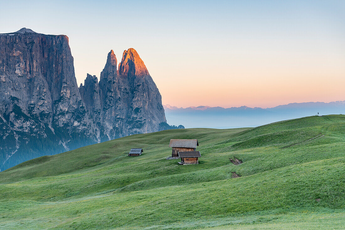 Alpe di Siusi/Seiser Alm, Dolomites, South Tyrol, Italy, Sunrise on the Alpe di Siusi