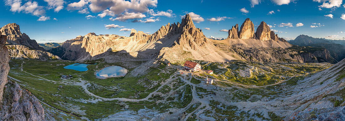 Sesto / Sexten, province of Bolzano, Dolomites, South Tyrol, Italy, Sunset at the Three Peaks of Lavaredo, lakes Piani, Mounta Paterno and refuge Locatelli