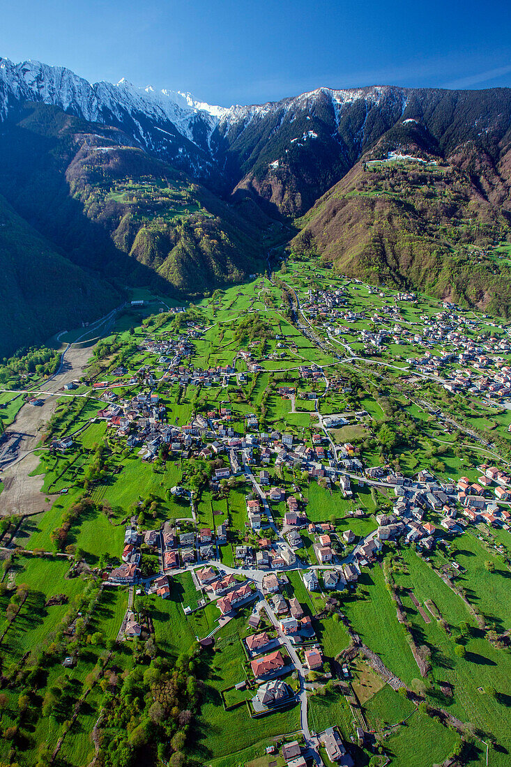 Aerial shot of the village of Talamona, Valtellina, Lombardy Italy Europe