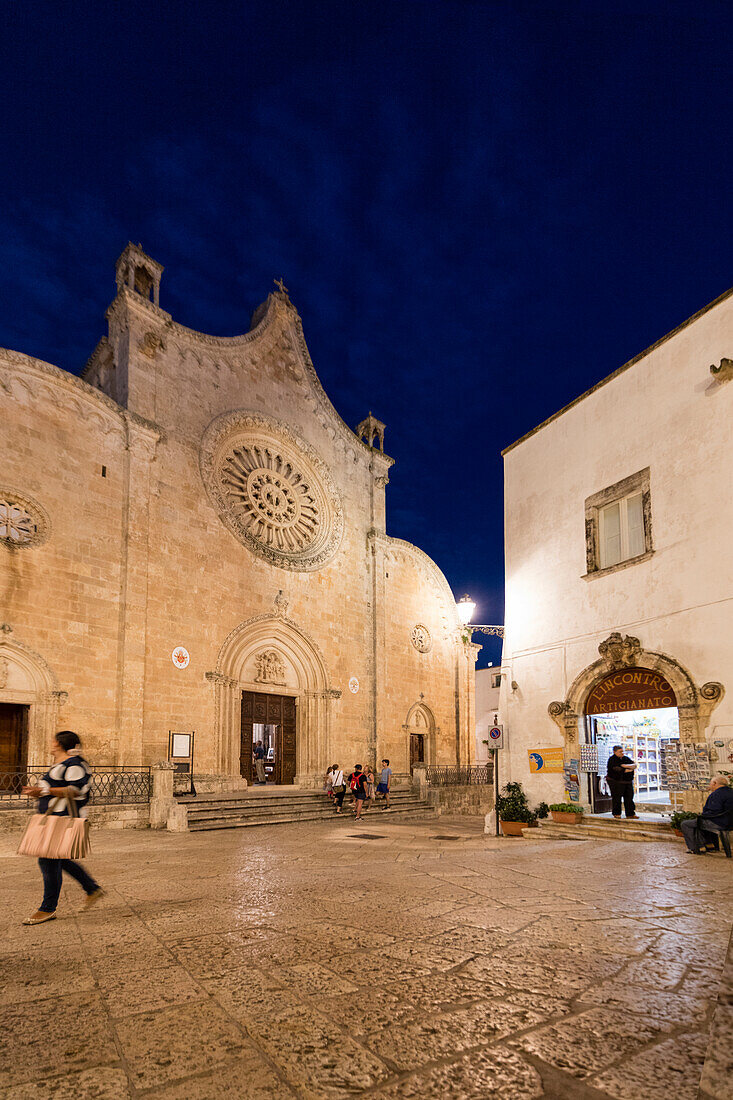 Night view of the ancient Ostuni Cathedral in the medieval old town province of Brindisi Apulia Italy Europe