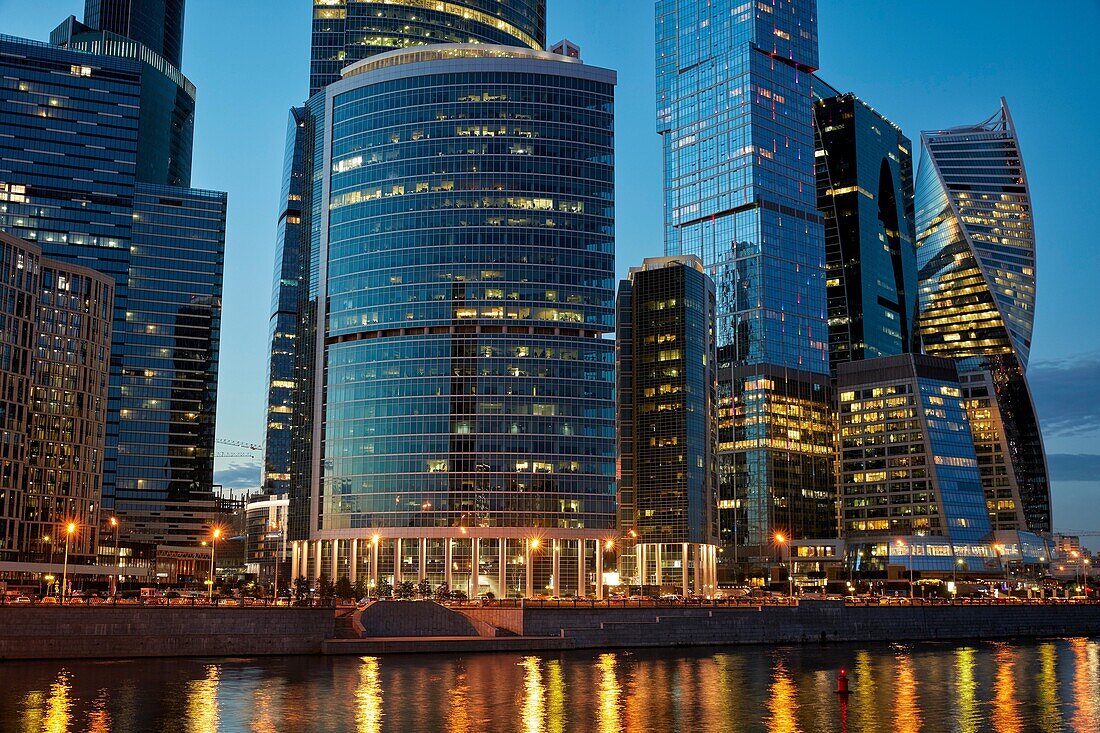 The Moscow International Business Centre (MIBC), also known as “Moscow City', at dusk. Moscow, Russia.