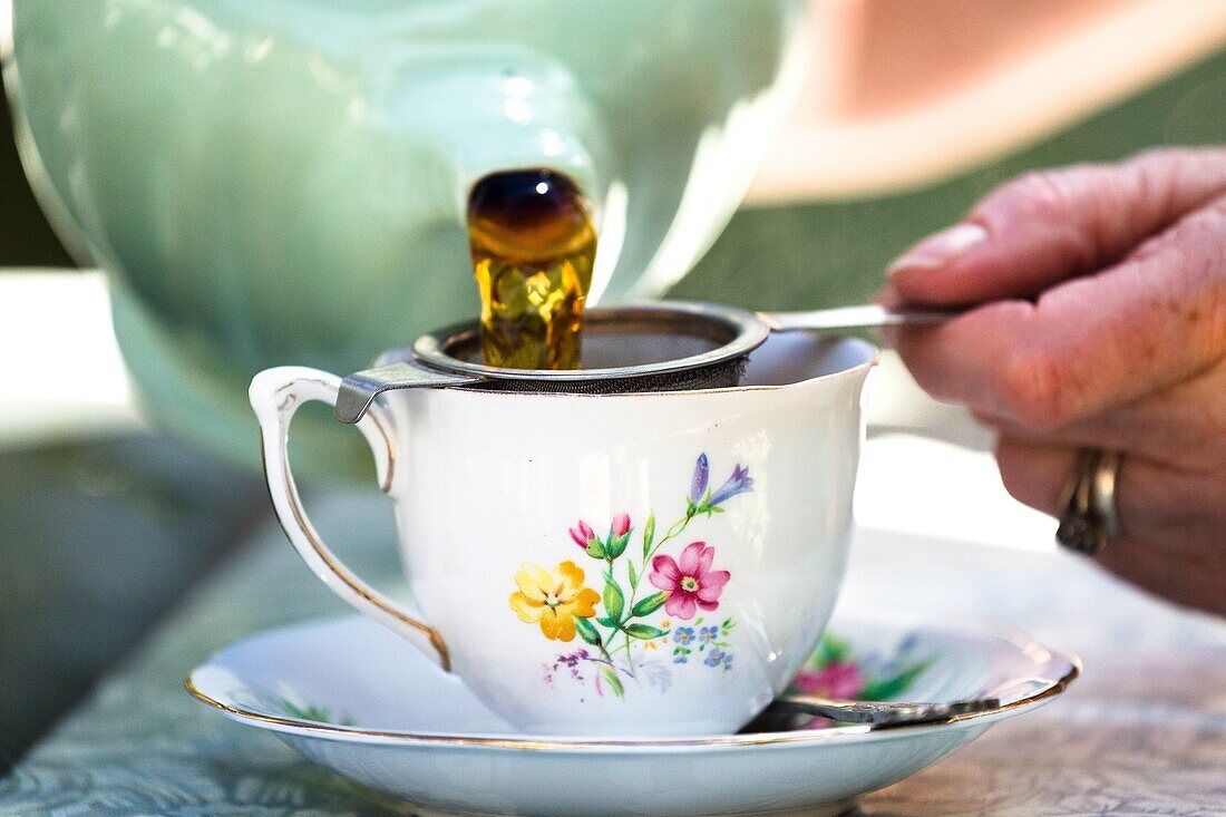 Pouring tea at Ludham village tearoom. Norfolk broads England UK.