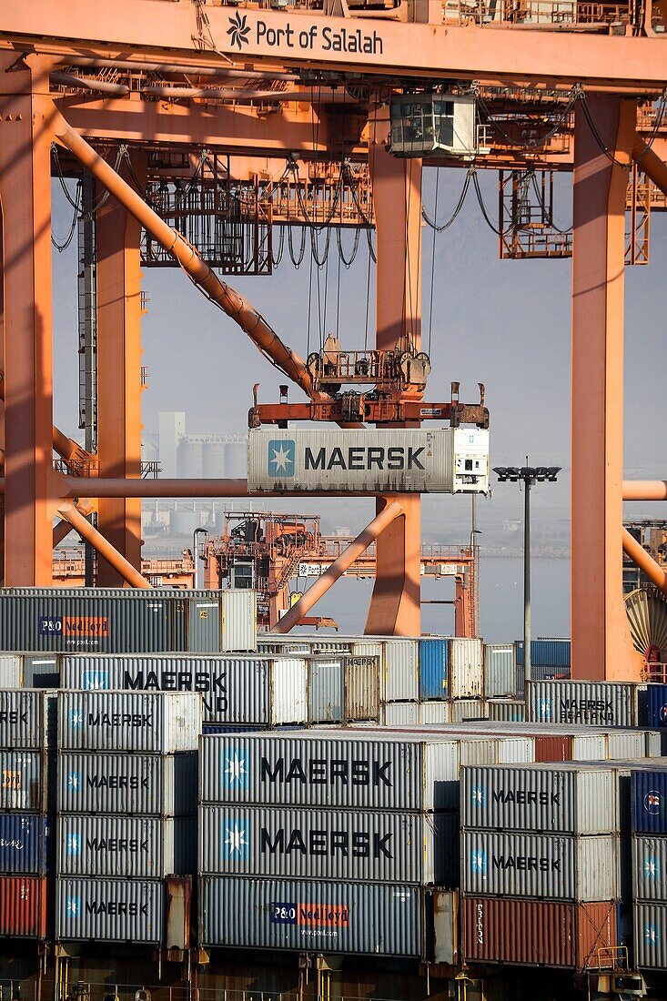 Maersk container ships at the port of Salalah Oman Middle East.