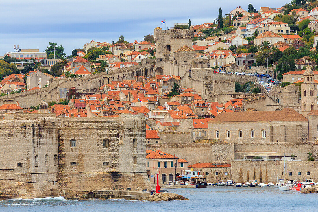 Altstadt, umgeben von Stadtmauern und Forts, vom Meer, Dubrovnik, UNESCO Weltkulturerbe, Dalmatien, Kroatien, Europa