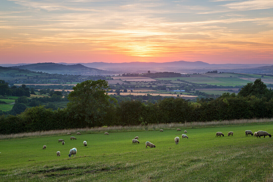 Cotswold landscape and distant Malvern Hills at sunset, Farmcote, Cotswolds, Gloucestershire, England, United Kingdom, Europe