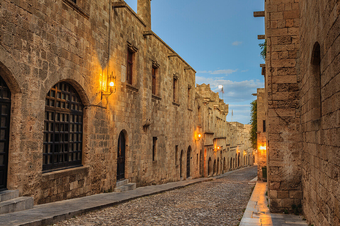 Inns at dusk, Street of the Knights, blue hour, Medieval Old Rhodes Town, UNESCO World Heritage Site, Rhodes, Dodecanese, Greek Islands, Greece, Europe