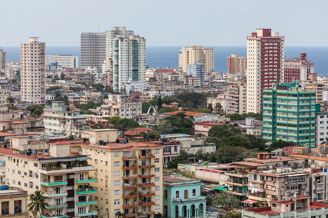 Cityscape view looking west of the town of Vedado, taken from the roof of the Hotel Nacional, Havana, Cuba, West Indies, Central America