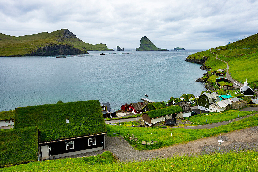 Bour village with many grasstop roofs, Vagar, Faroe Islands, Denmark, Europe