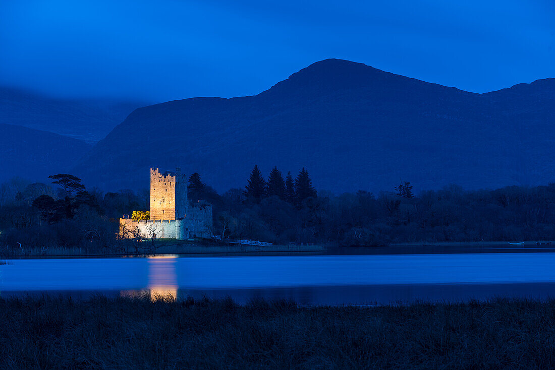 Ross Castle at dusk, Killarney National Park, County Kerry, Munster, Republic of Ireland, Europe