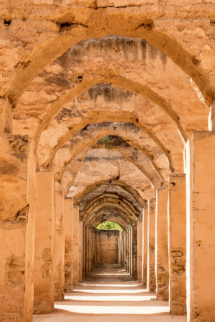 Arches inside Hri Souani, the Royal Stables of Moulay Ismail, Meknes, Morocco, North Africa, Africa
